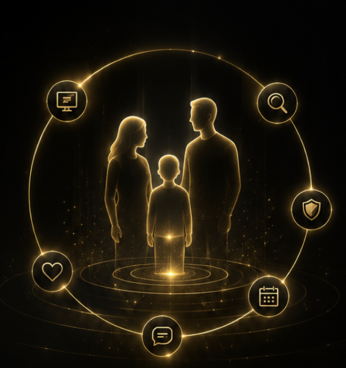 Family supported by a circle of healthcare and trust signals